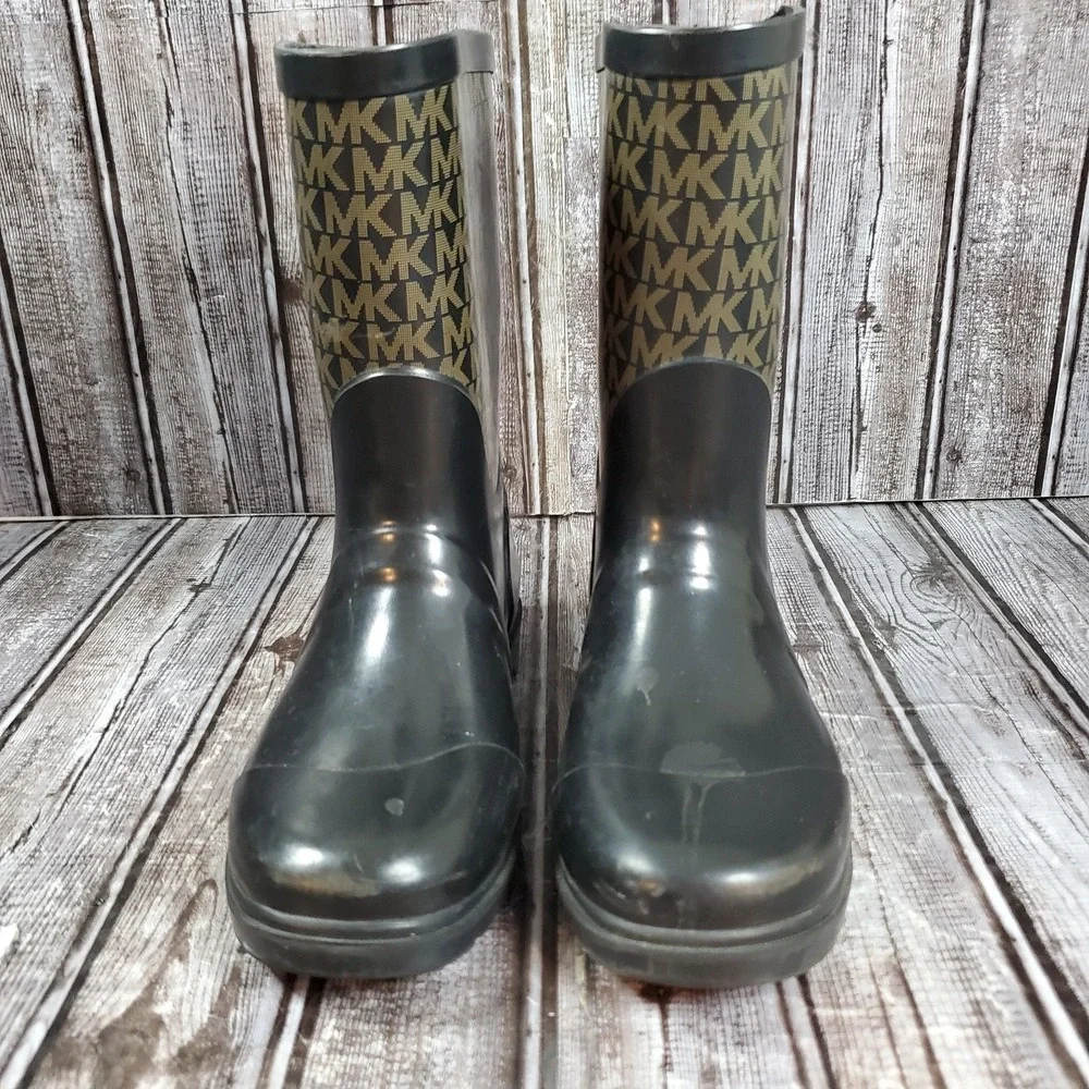Michael Kors Girls Daisy Joe Logo Rubber Mid Calf Rain Boots Black Gold Size 3